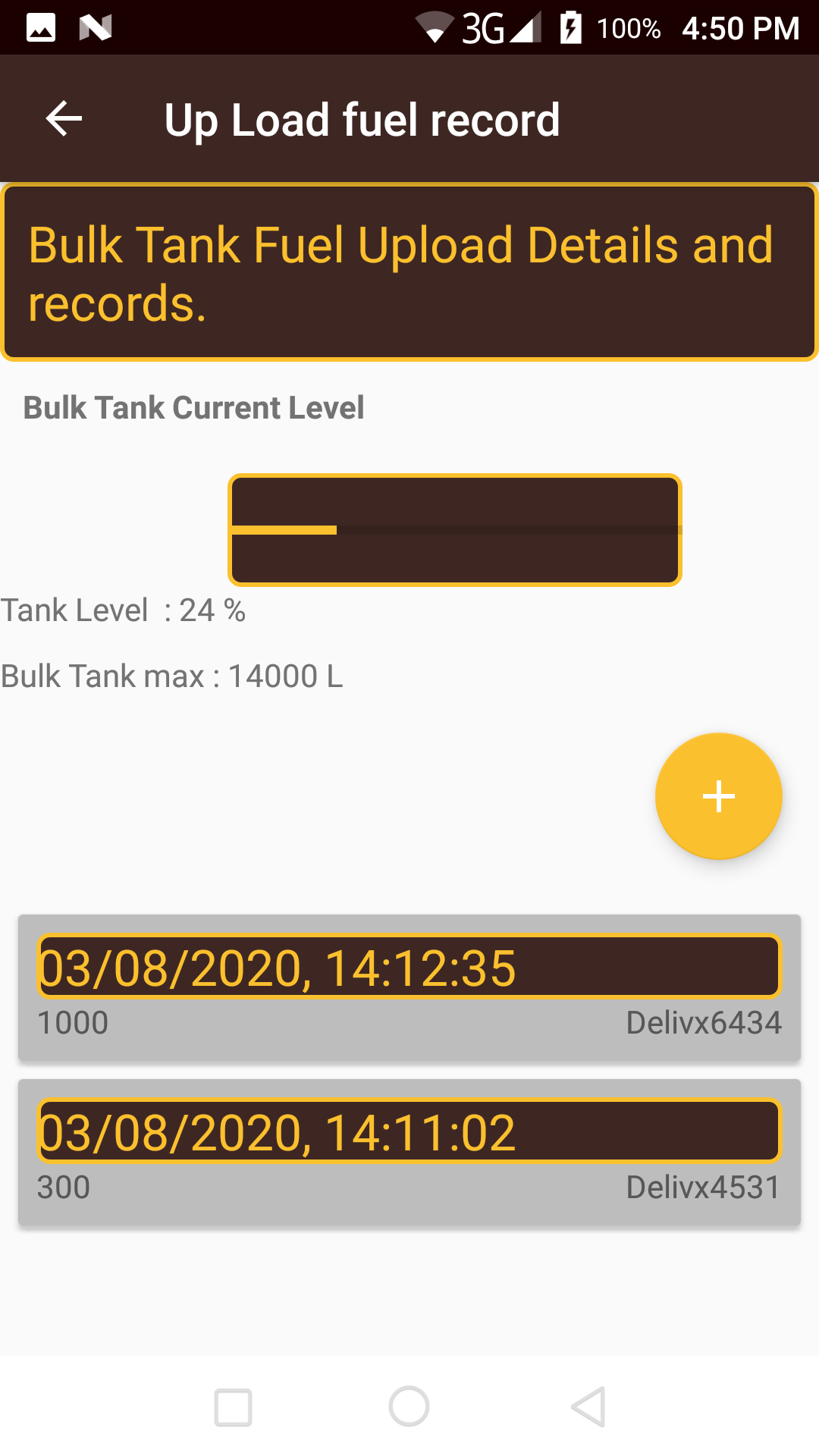 Liquitrack Fuel Record App, showing a fuel Upload to a bulk tank on site.